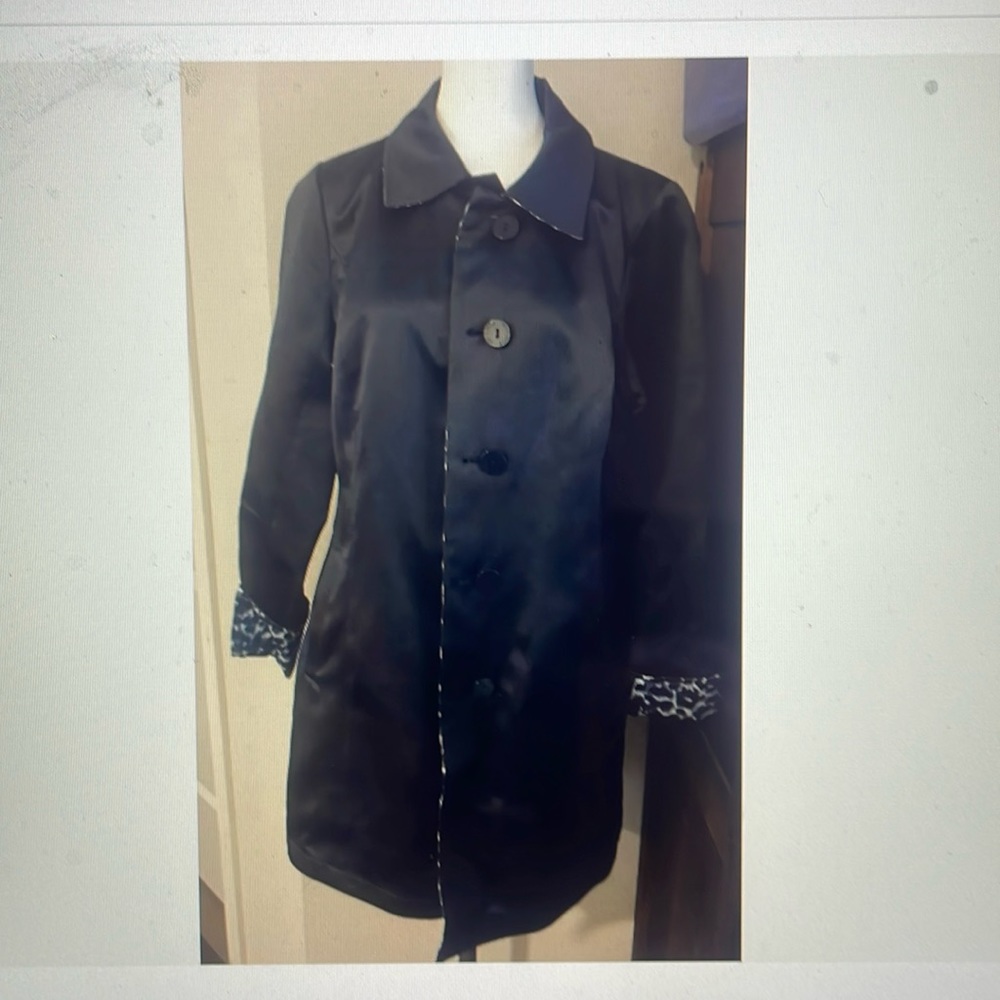 Women’s small “Dennis basso” dark blue & leopard print long silky jacket coat